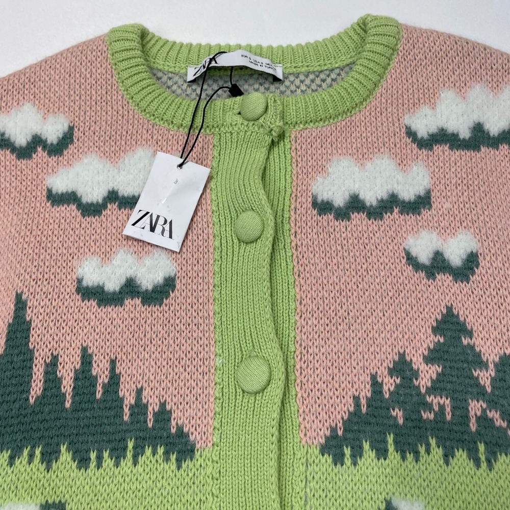 ZARA Women's Knit Jacquard Fuzzy Sheep Landscape Cardigan Pink Green Size S‎ - Picture 16 of 16